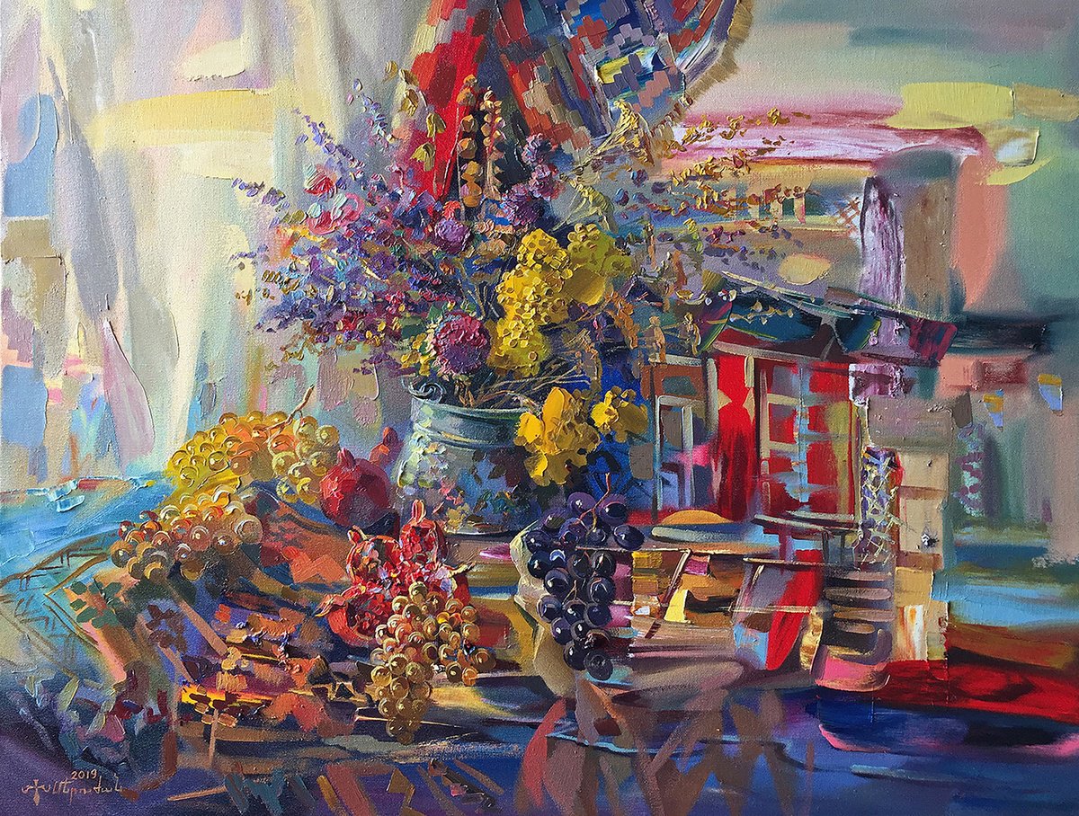 Impressionistic Still Life Oil Painting By Meruzhan Khachatryan, 35 X 28", Armenian Still Life, Original Artwork