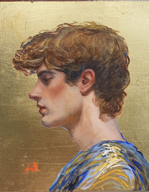 Gold leaf young man portrait. by Jackie Smith