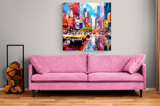 New York street after the rain. Urban 7th Avenue and Broadway Times Square New York City USA cityscene, colorful impressionistic landscape art. Large wall art home decor. Art Gift