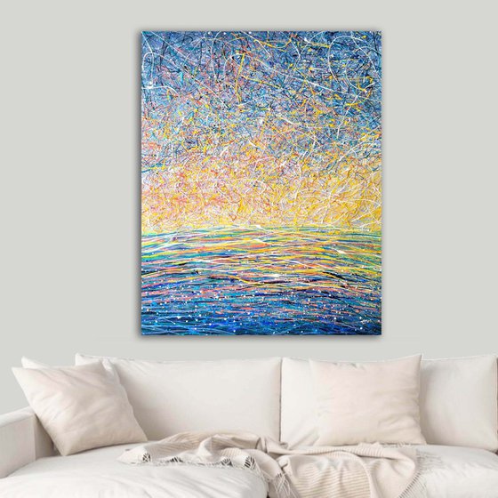 Bright abstract Yellow blue painting Sunrise at sea