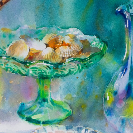 Still life of glass decanter and different glass dishes on a table. Original still Life in watercolor. (2020)