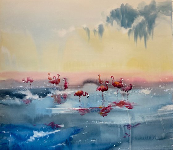 SOLD Watercolor “Flamingos Heaven” perfect gift