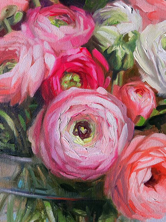 Ranunculus flowers oil painting on canvas, floral painting