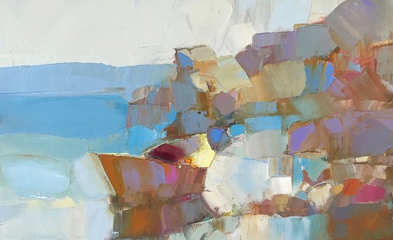 Boat near to Cliffs, Original oil painting, Handmade artwork, One of a kind