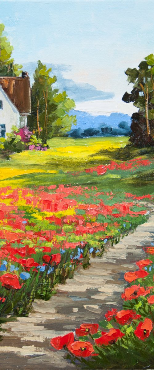Red poppies. Oil painting. Rural landscape. Flower field. Original art. 12 x 12in. by Tetiana Vysochynska