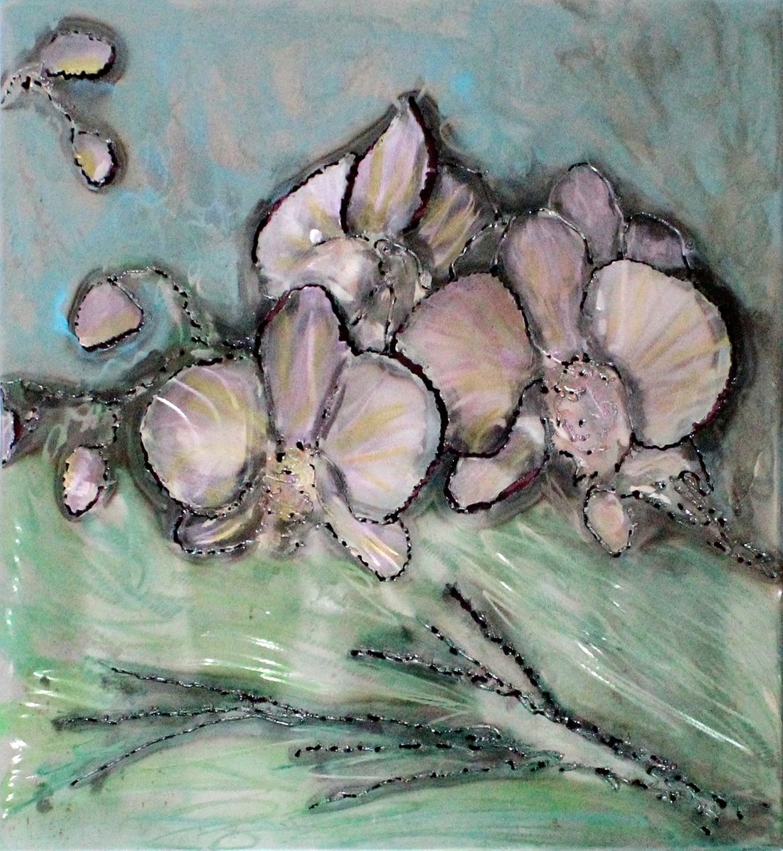 Graphic Botanical Sculpture By Philippe Buil, 18 X 20", Orchid Painting Wall Sculpture, Original Artwork