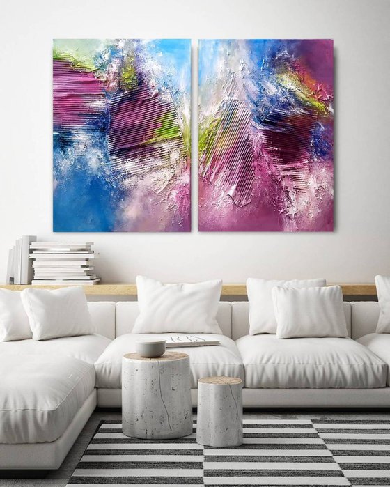 Rainbow clouds 2x50x70cm Abstract Textured Painting