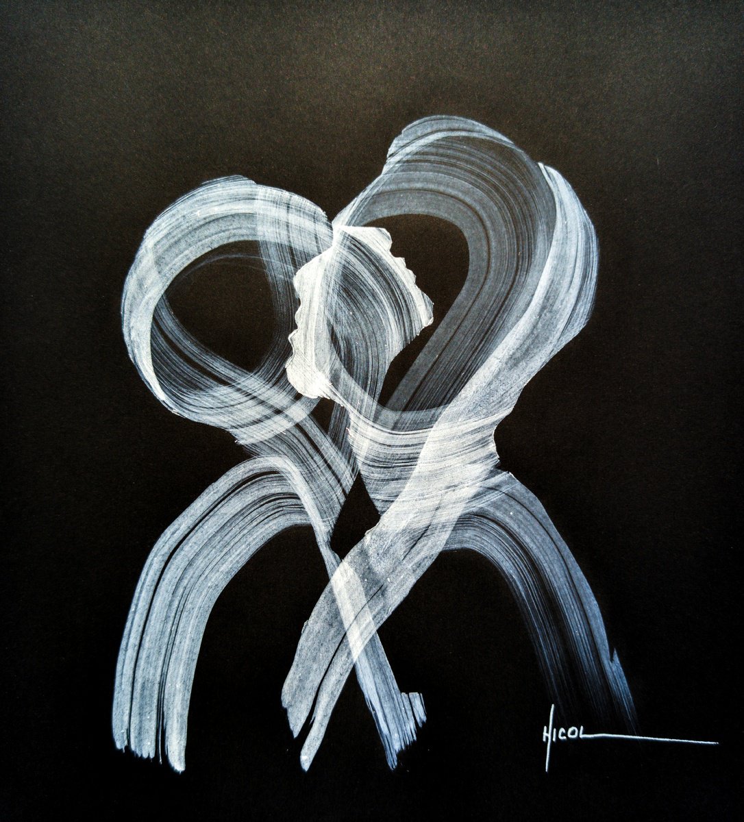 Abstract Portrait Ink Drawing By Nicol Vacaru, 11 X 12", When Souls Align, Original Artwork