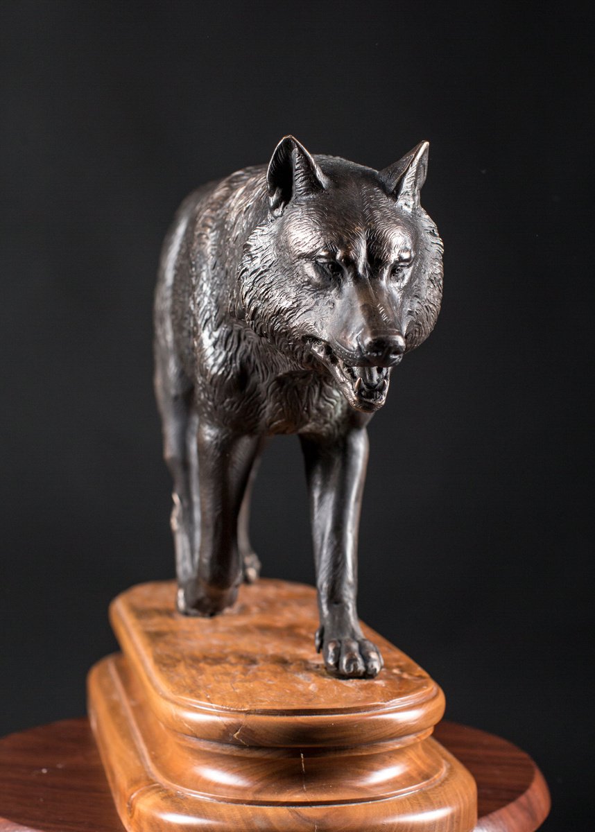 Photorealistic Animal Bronze Sculpture By Krasimir Krastev, 4 X 10", Wolf, Original Artwork