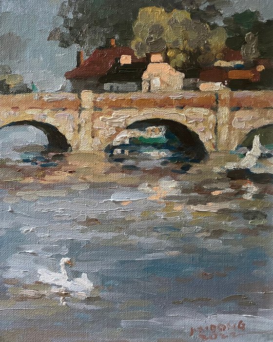 Original Oil Painting Wall Art Signed unframed Hand Made Jixiang Dong Canvas 25cm × 20cm Cityscape Bridge on Avon House Small Impressionism Impasto