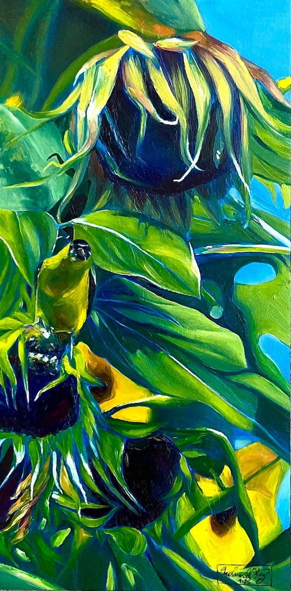 Animal Oil Painting By Amani Muhammad, 6 X 12, Bird In Sunflowers, Original Artwork