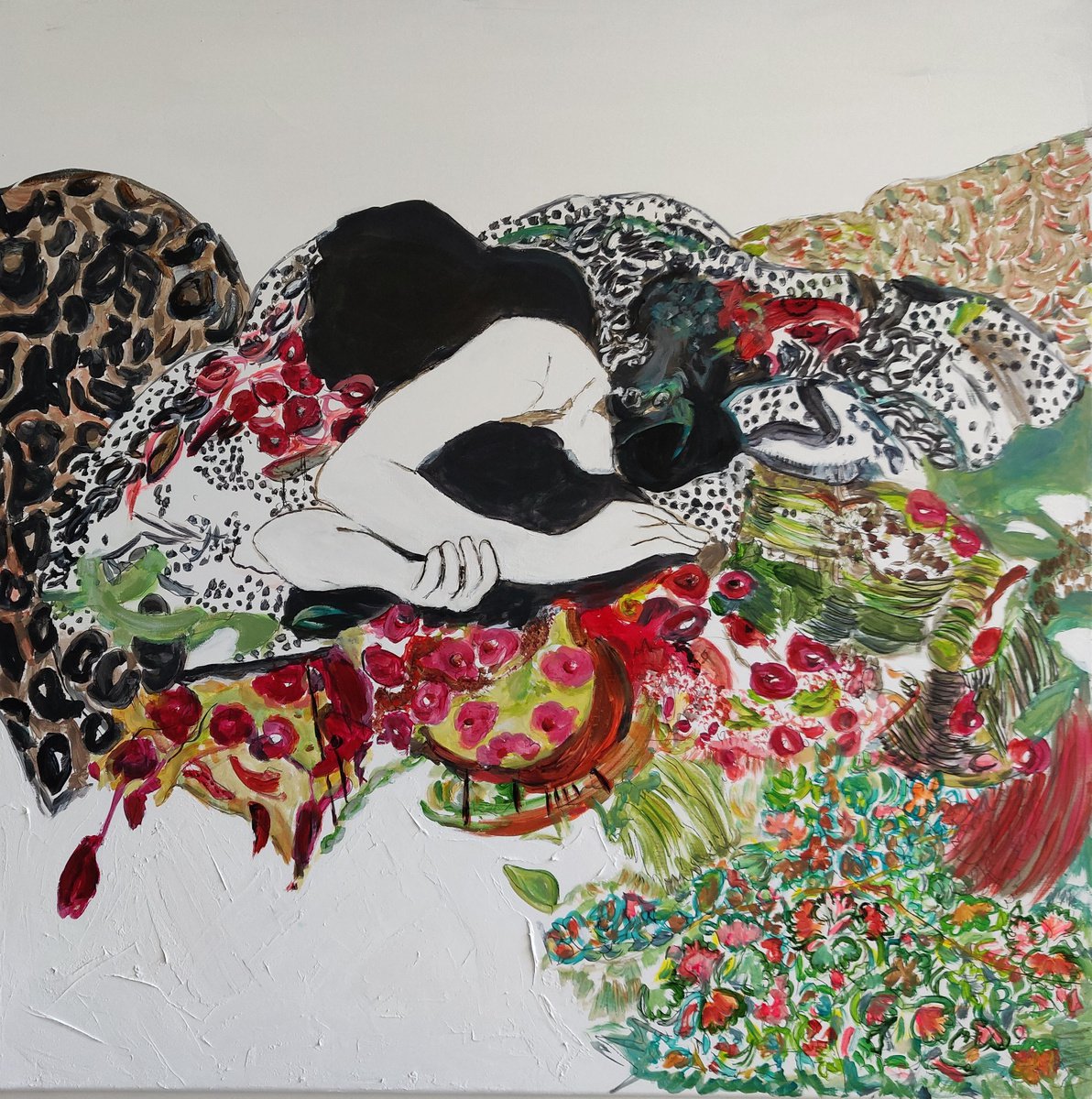 Abstract Acrylic Painting By Sylvie Dodin, 39 X 39", Asian Inspiration, Original Artwork