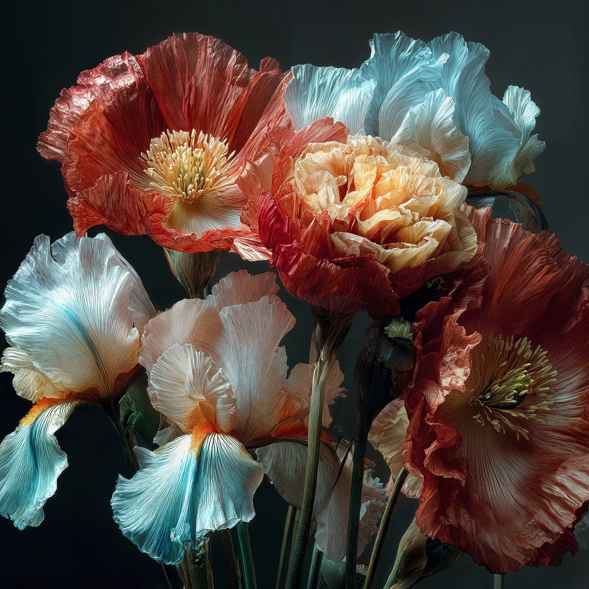Photorealistic Botanical Photograph By Michael Filonow, 32 X 32", Iris Mix, Original Artwork