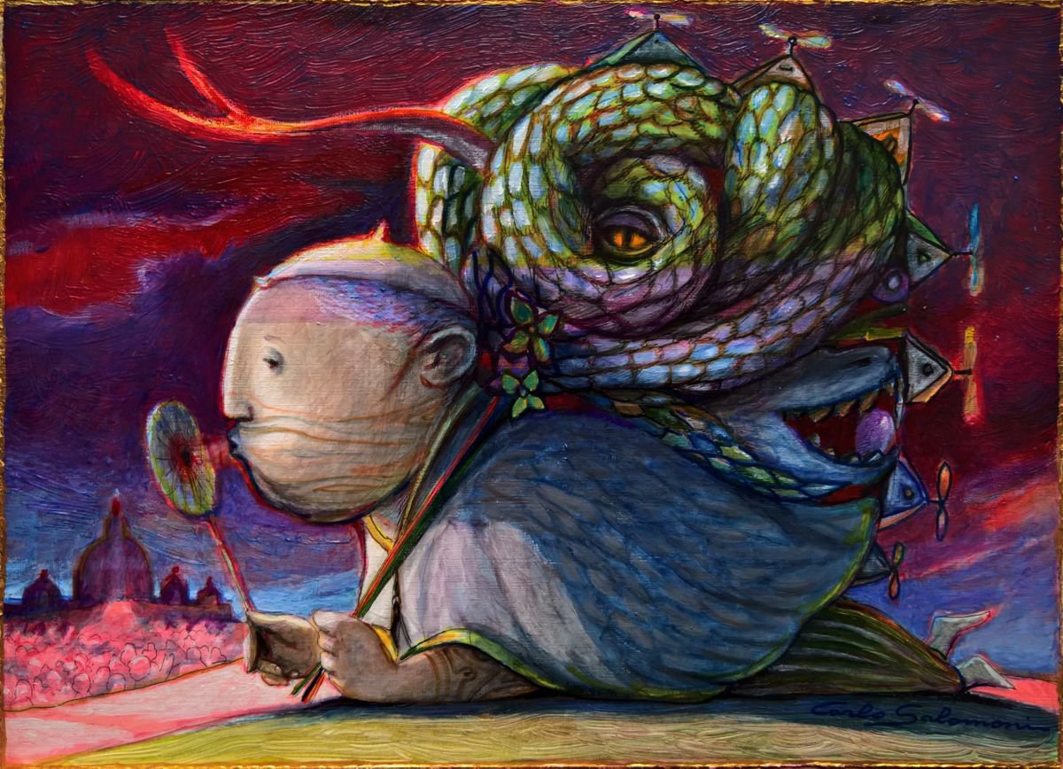 Surrealistic Portrait Painting By Carlo Salomoni, 13 X 9, - Pinwheels - ( 24 X 33 X 3,2 Cm ), Original Artwork