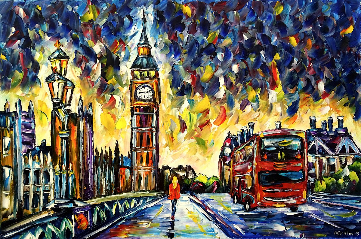 Expressive Cityscapes Oil Painting By Mirek Kuzniar, 24 X 16", Westminster, Original Artwork