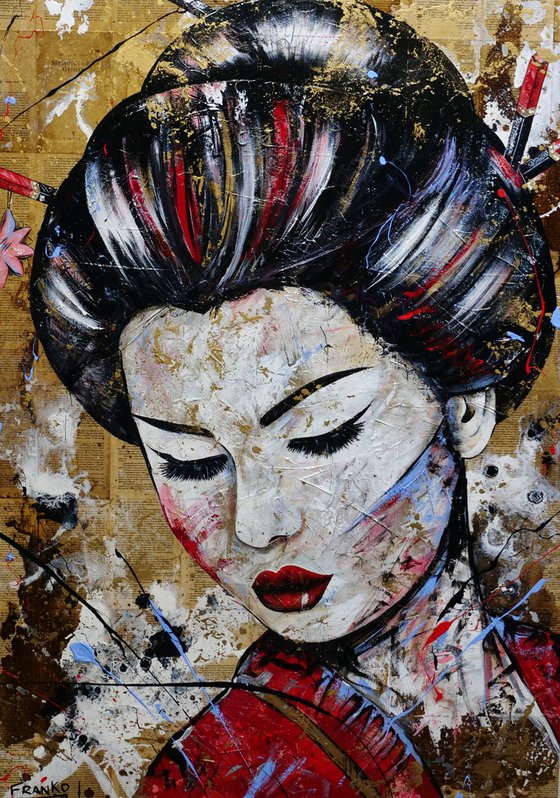 Sakura Blue 140cm x 100cm Geisha Book Page Textured Abstract Realism Art