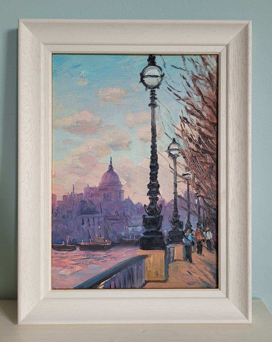 Impressionistic Cityscapes Oil Painting By Roberto Ponte, 10 X 14", London Sunset From Southbank, Original Artwork