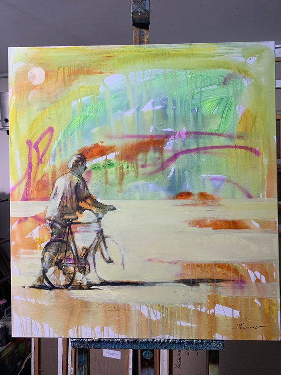 Big bright painting - "Bright day" - Pop Art - Street Art - Bike - Cyclist - Summer