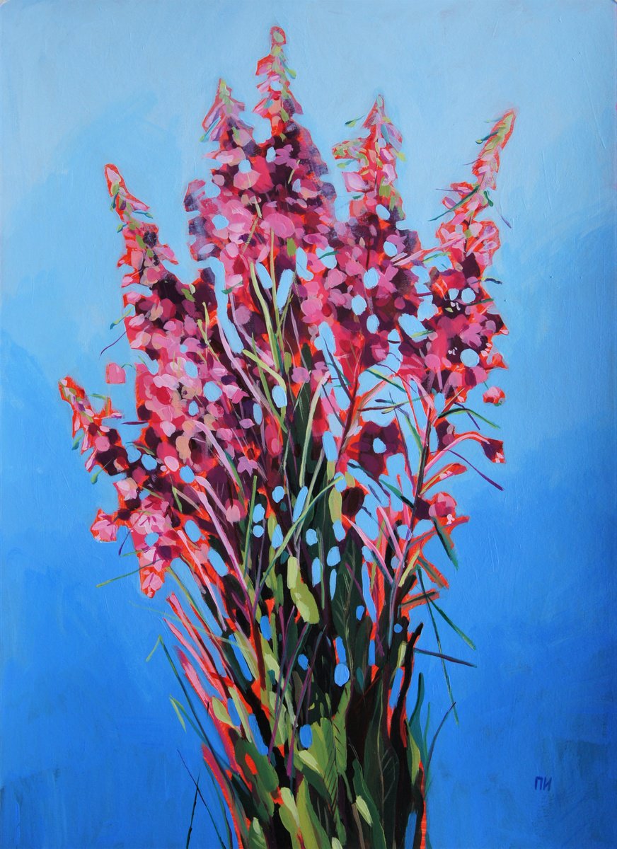Impressionistic Botanical Acrylic Painting By Irina Plaksina, 12 X 16, Fireweed, Original Artwork