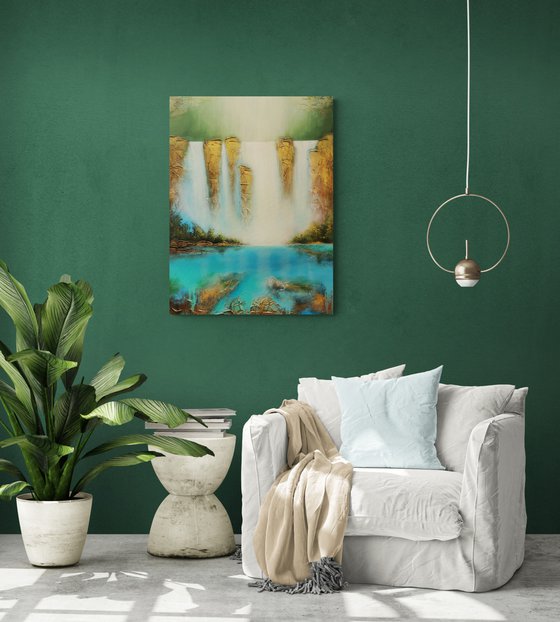 A large abstract beautiful structured mixed media painting of a waterfall "Secret place"