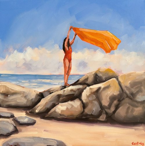 Girl on the Rocks - Woman on Beach Original Coastal Art Painting by Daria Gerasimova