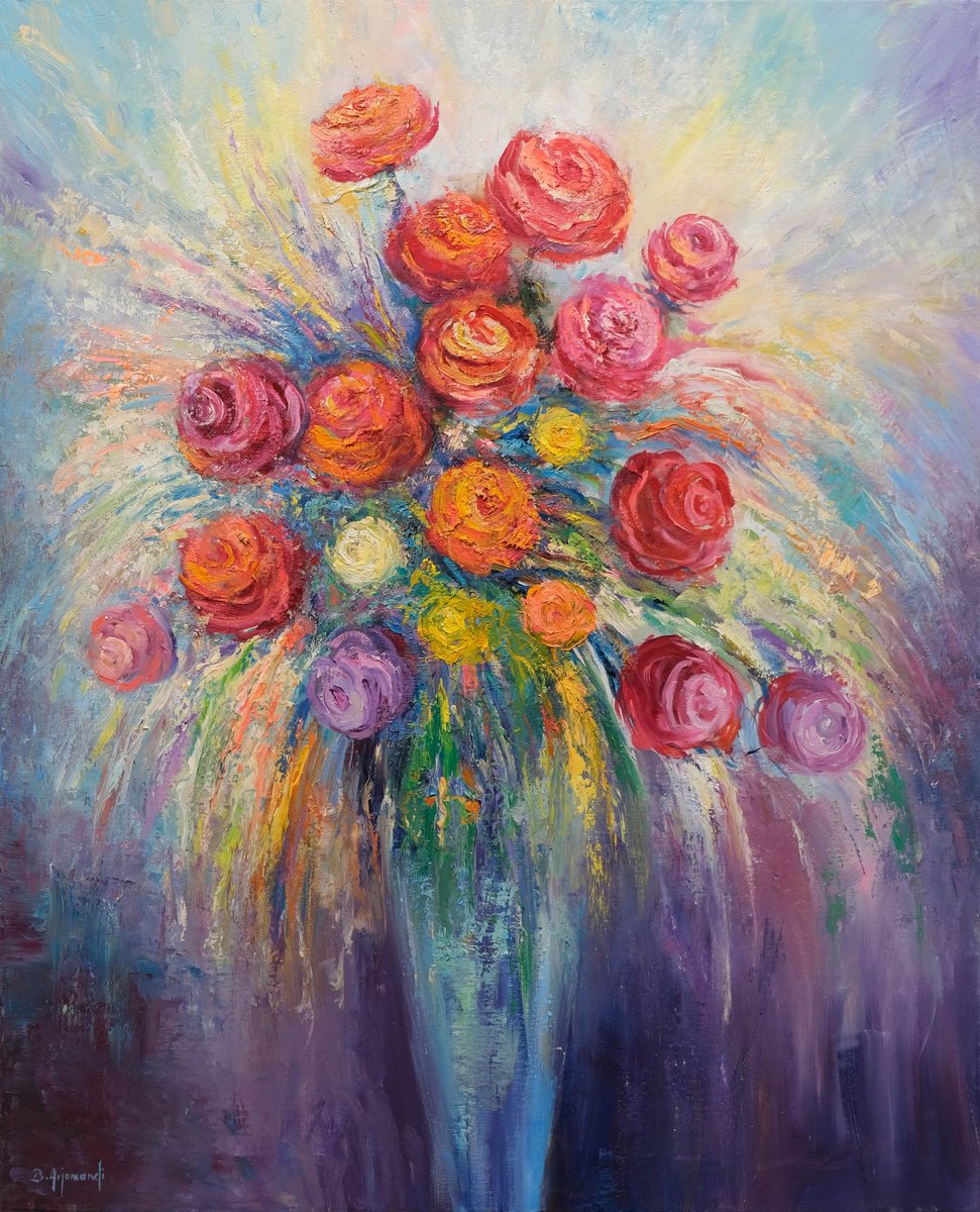 Impressionistic Botanical Oil Painting By Behshad Arjomandi, 29 X 36, Vase Of Roses, Original Artwork