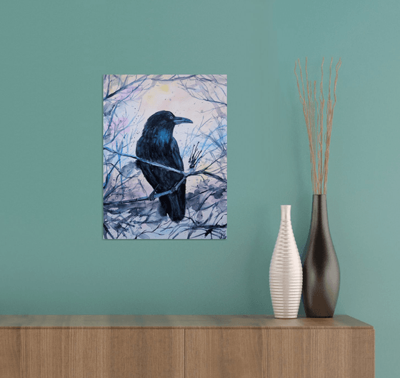 Raven watercolor painting, black crow wall art, gothic home decor, Halloween gift