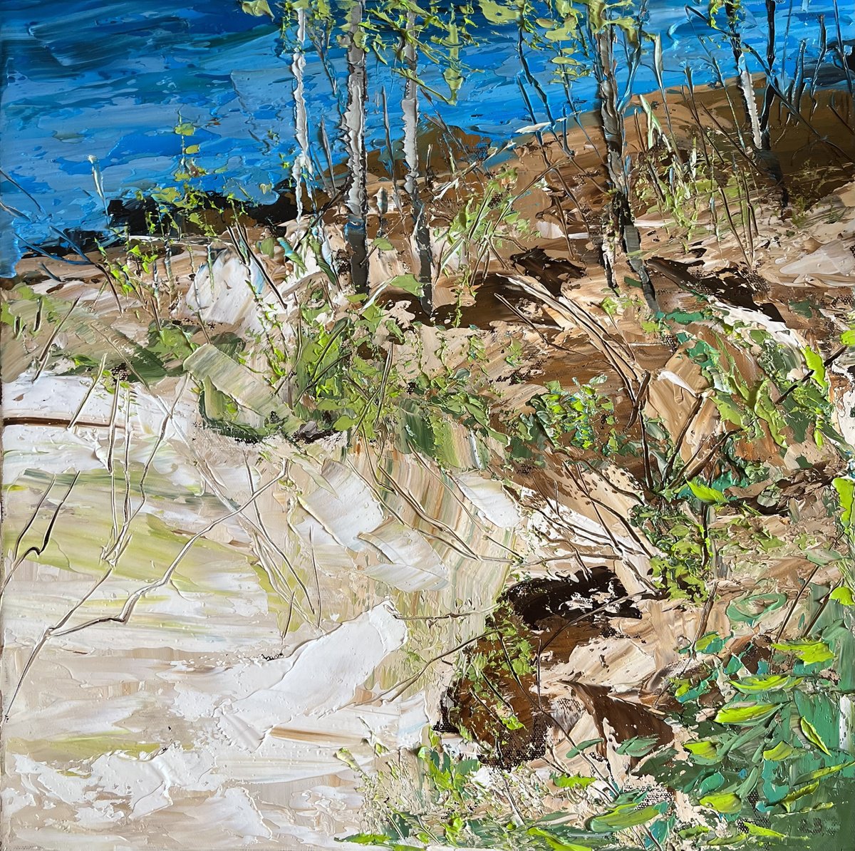 Expressive Landscape Oil Painting By Elena Mashajeva-Agraphiotis, 18 X 18, On The Coast, Original Artwork