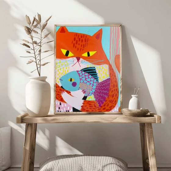 Orange Cat with Colorful Fish