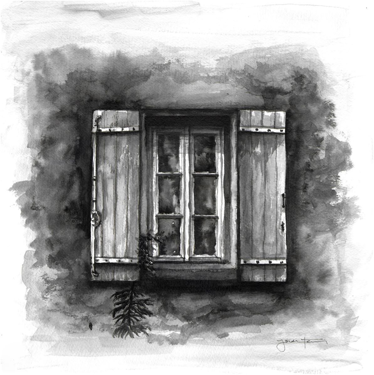 Expressive Watercolour , Old Window / Aegean Shutters By Gozde Temiz Istanbul, 12 X 12, Artwork For Sale On Artfinder