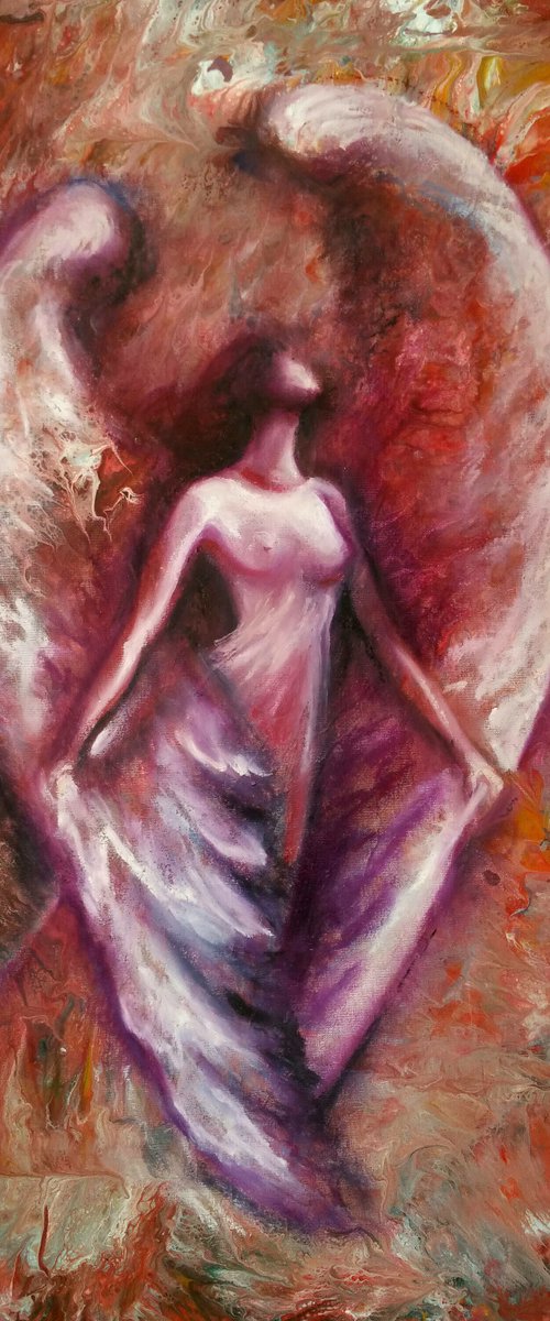 "Angel" Original mixed media  painting on fabric 35x65x1cm. ready to hang by Elena Kraft