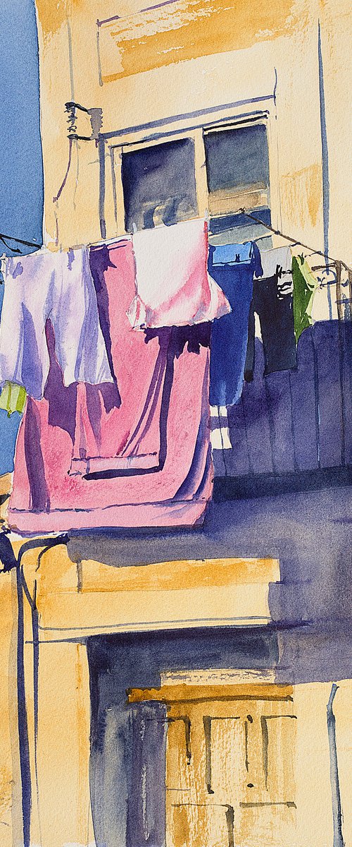 Window. Segovia old town details. Small watercolor painting shadow impressionistic Spain Travel trip architecture street light details by Sasha Romm