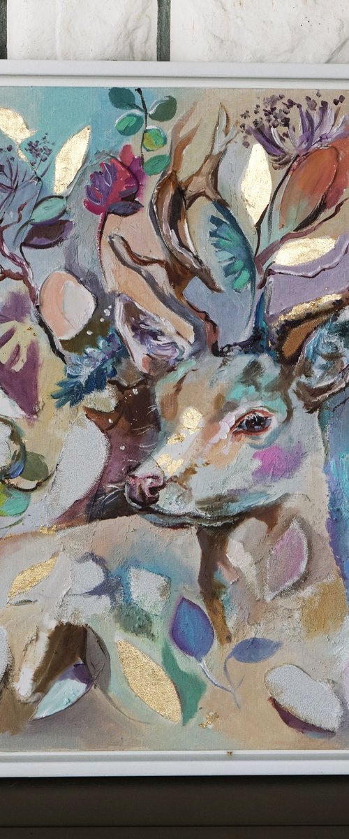 Deer wall set, Original winter painting, Wall decor set of 2 art by Annet Loginova