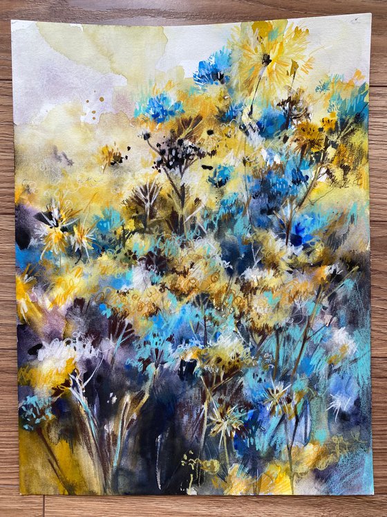 Blue and Yellow Herbs - mix-media painting