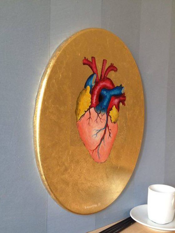 Little Sweetheart Heart Oil Painting on Oval Lacquered Golden Leaf Canvas Frame