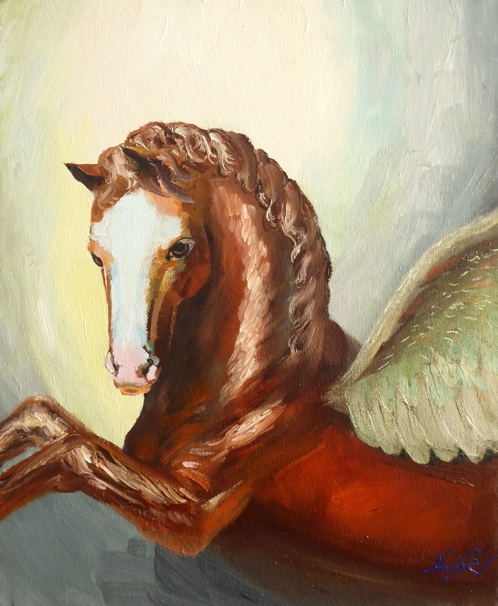Impressionistic Landscape Oil Painting By Narek Hambardzumyan, 15 X 18", A Horse With Wings, Original Artwork