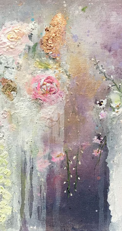 “What is love?” Abstract floral pink purple white soft tones by Henrieta Angel