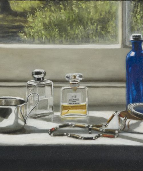 A Windowsill with Perfume and Beads by Andrew McNeile Jones