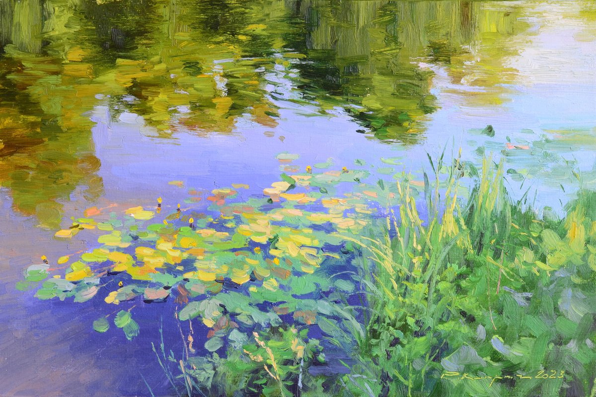 Impressionistic Landscape Oil Painting By Ruslan Kiprych, 12 X 8", Water Lilies On The Water, Original Artwork
