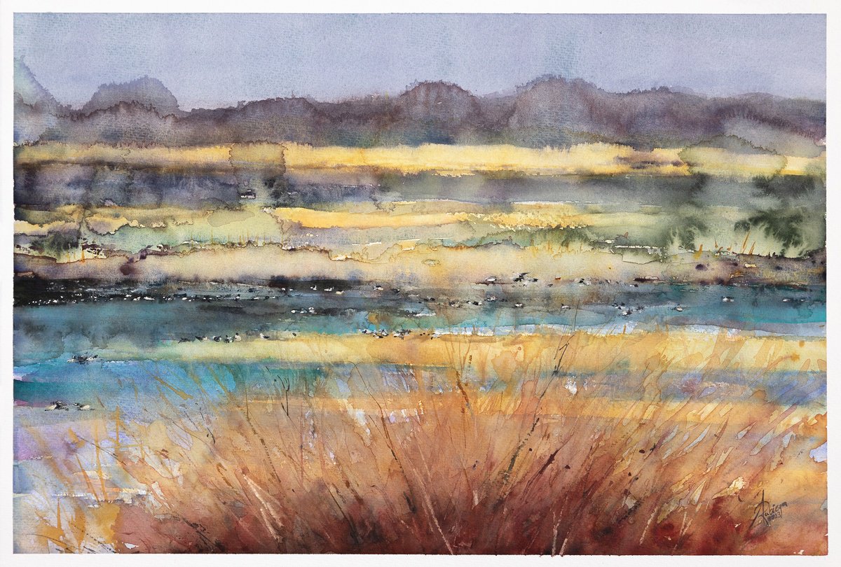 Landscape Watercolour By Andrzej Rabiega, 22 X 15, Backwaters In Podlasie, Original Artwork