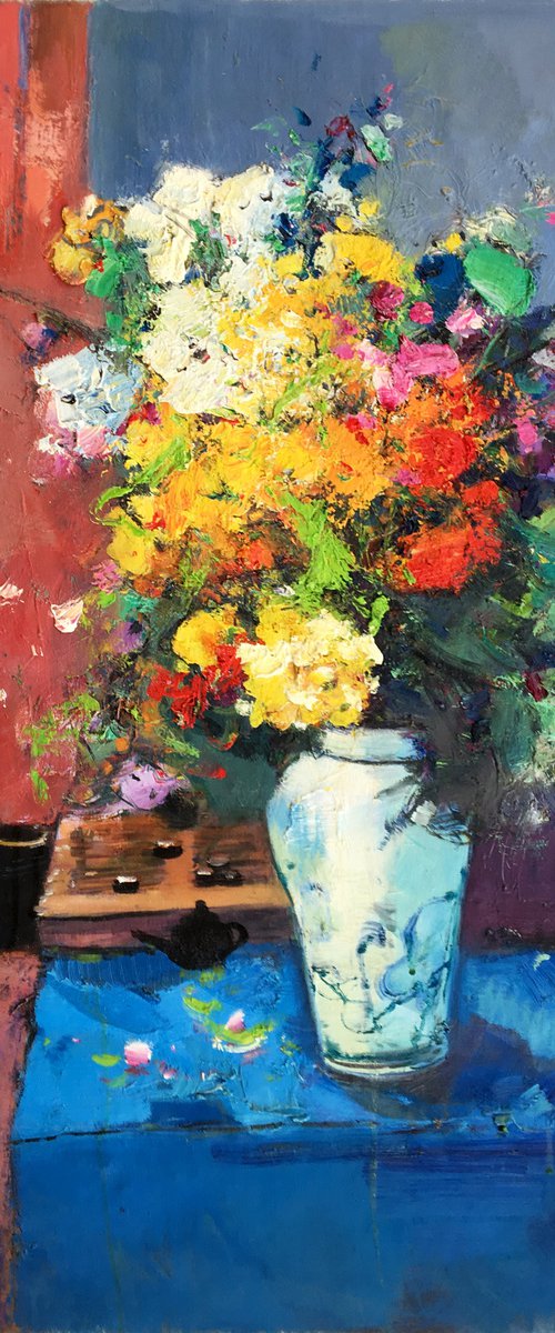 Still life oil painting:flowers in the vase by Kunlong Wang