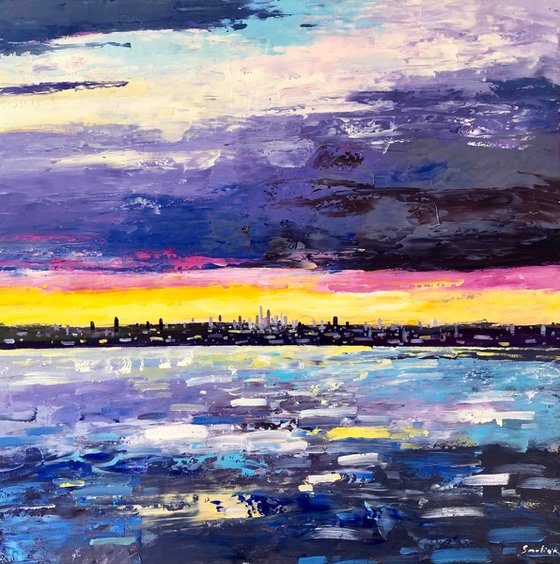 Abstract sunset over city 2022