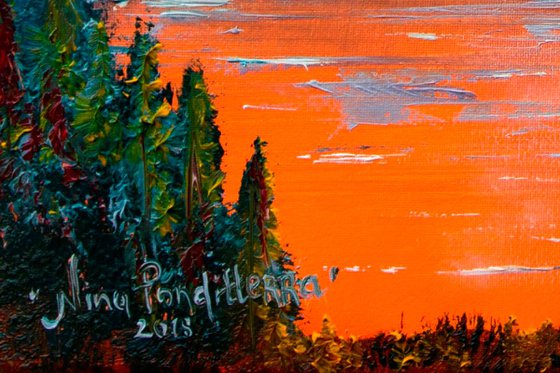 Mountains landscape at sunset - original oil painting