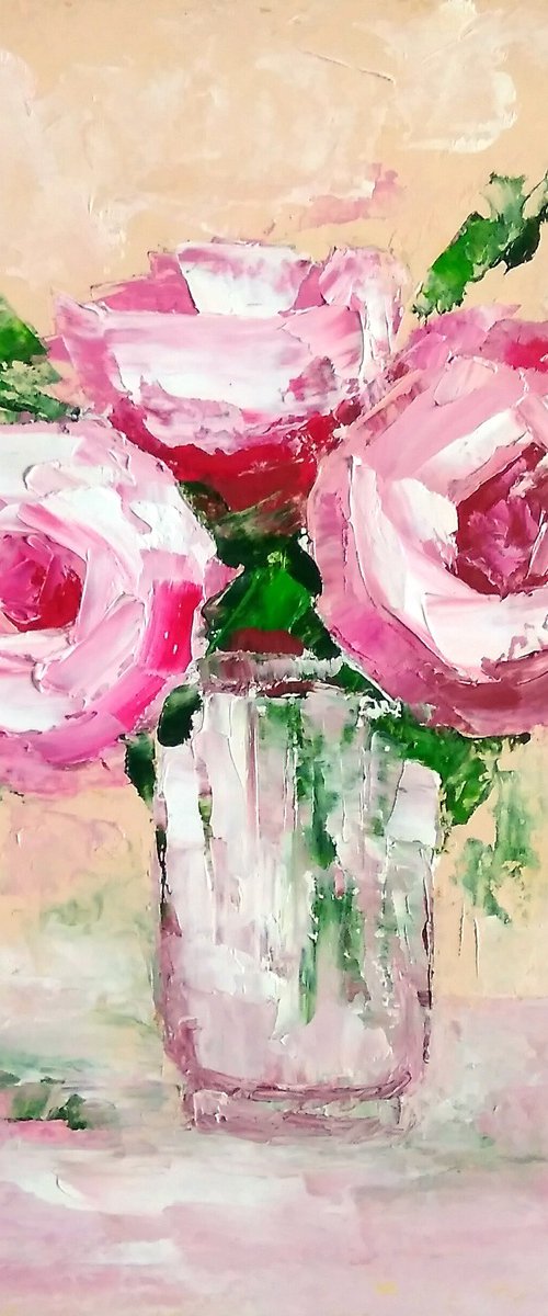 Bouquet roses pink background by Yulia Berseneva
