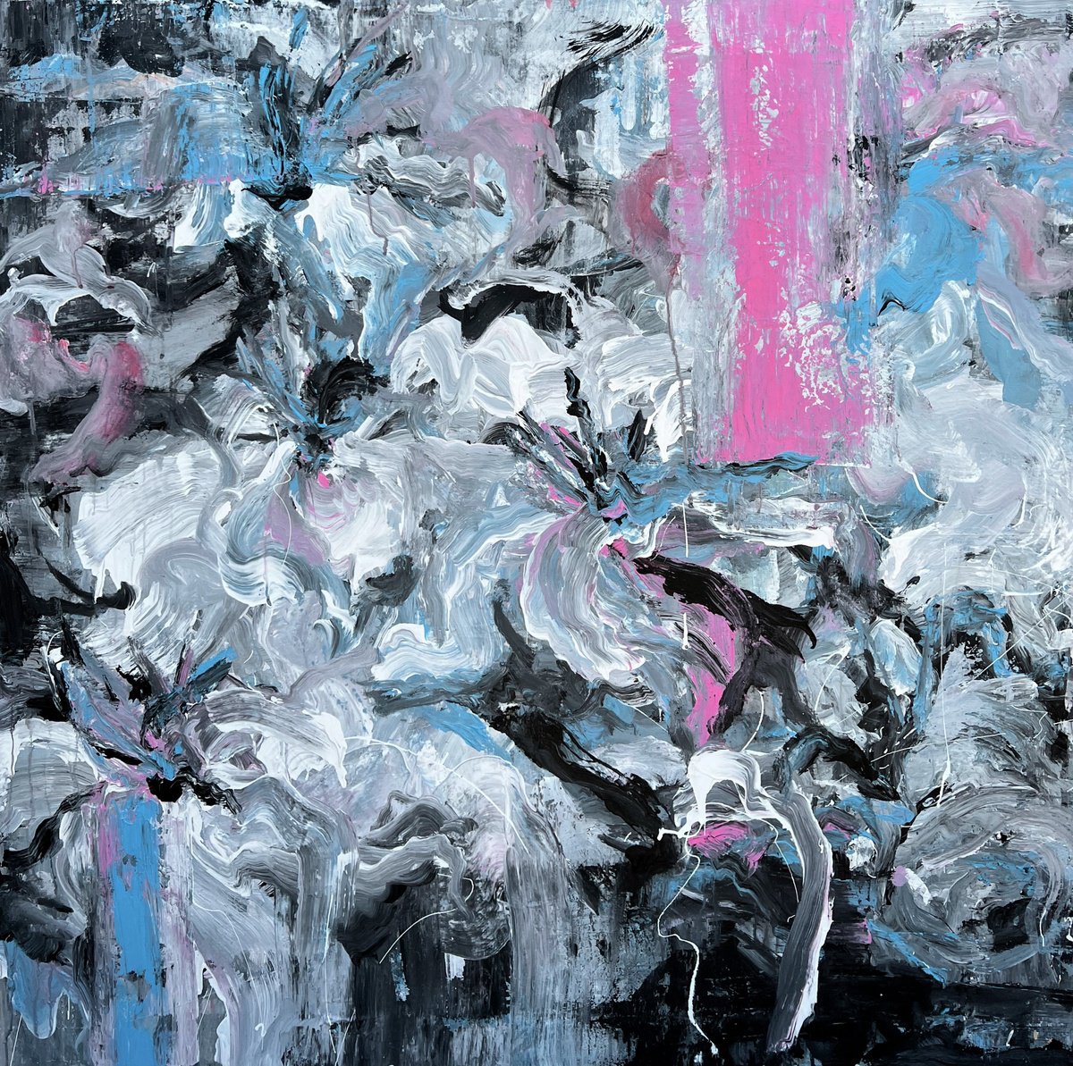 Abstract Botanical Acrylic Painting By Rosi Roys, 39 X 39", Pink Flower Fields, Original Artwork