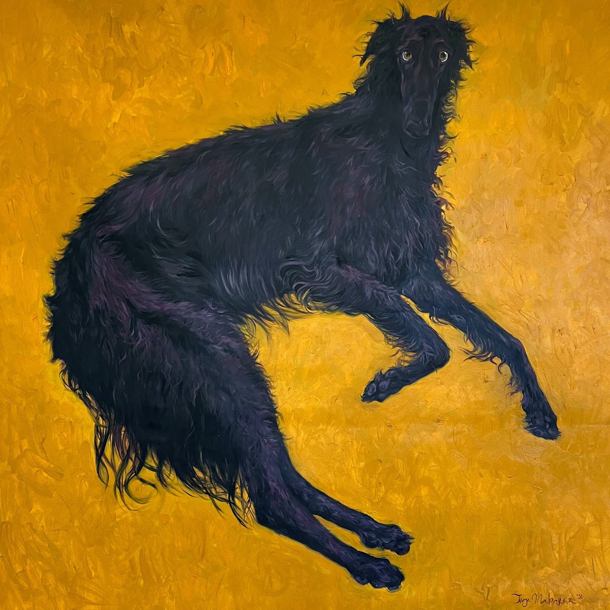 Expressive Animal Oil Painting By Inga Makarova, 59 X 59, Black Hound On Yellow, Original Artwork
