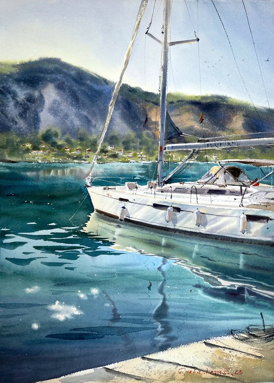 Yacht on the pier. Montenegro