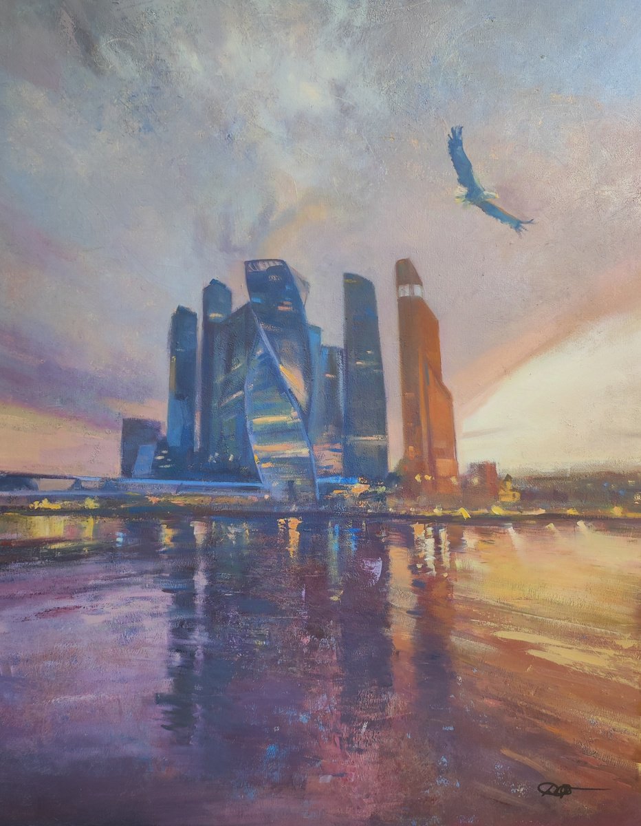 Impressionistic Landscape Oil Painting By Olga Onopko, 31 X 39", Skyscrapers In Reflection, Original Artwork
