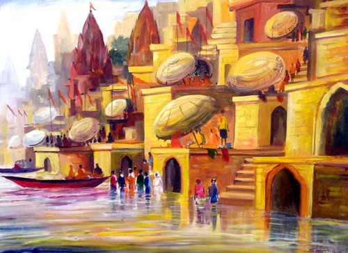 Varanasi Ghat at Morning-Acrylic on Canvas painting by Samiran Sarkar