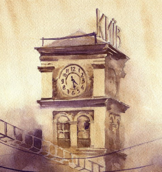 Architectural landscape "Kyiv. Clock on the station tower" - Original watercolor painting